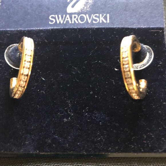 Swarovski Jewelers Collection 14K Post Gold Tone Half Hoop Crystal Earrings NWT - Picture 1 of 11
